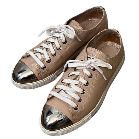 Miu Miu Tan Patent Leather Metal Cap Toe Sneakers Size 36 (US Size 6) - Picture 2 of 15